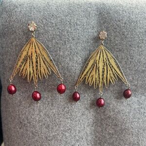 Yvone Christa New York, Gold Filigree Drop Earrings with Burgundy Beads